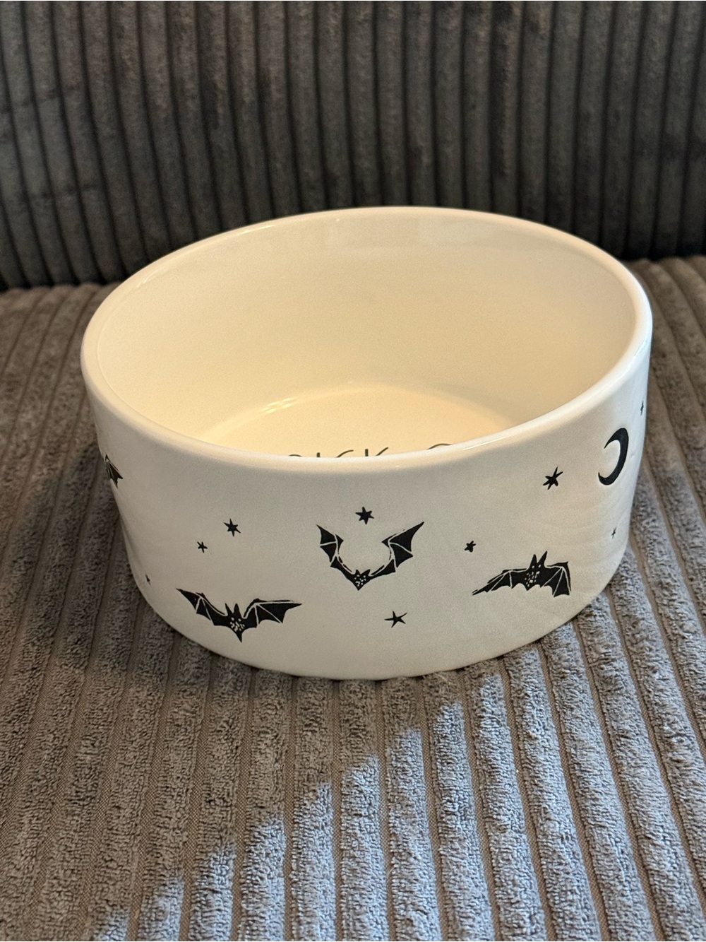 Rae Dunn White Ceramic Pet Bowl with Halloween Pattern ‘Trick or Treat’ NWT
